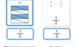 Zlomek jako část z celku | Přiřazovací karty | Ukázka řešení úkolu (líc karty – základní tvar zlomku) a autokorekce (rub karty)