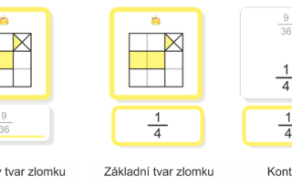 Zlomek jako část z celku | Přiřazovací karty | Ukázka řešení úkolu (líce karty – rozšířený tvar zlomku, základní tvar zlomku) a autokorekce (rub karty)
